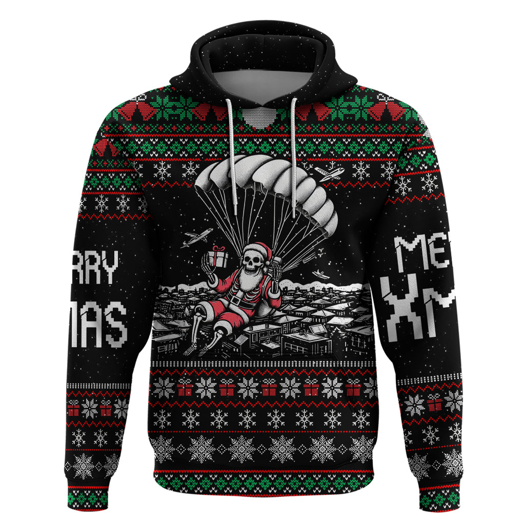 Christmas Skull Hoodie Santa Skull Jumps In Parachute - Wonder Print Shop