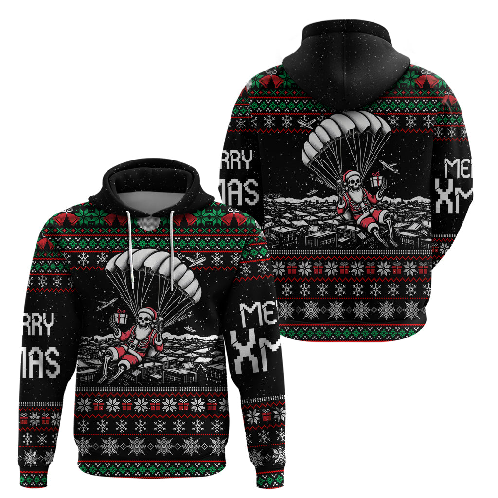 Christmas Skull Hoodie Santa Skull Jumps In Parachute - Wonder Print Shop