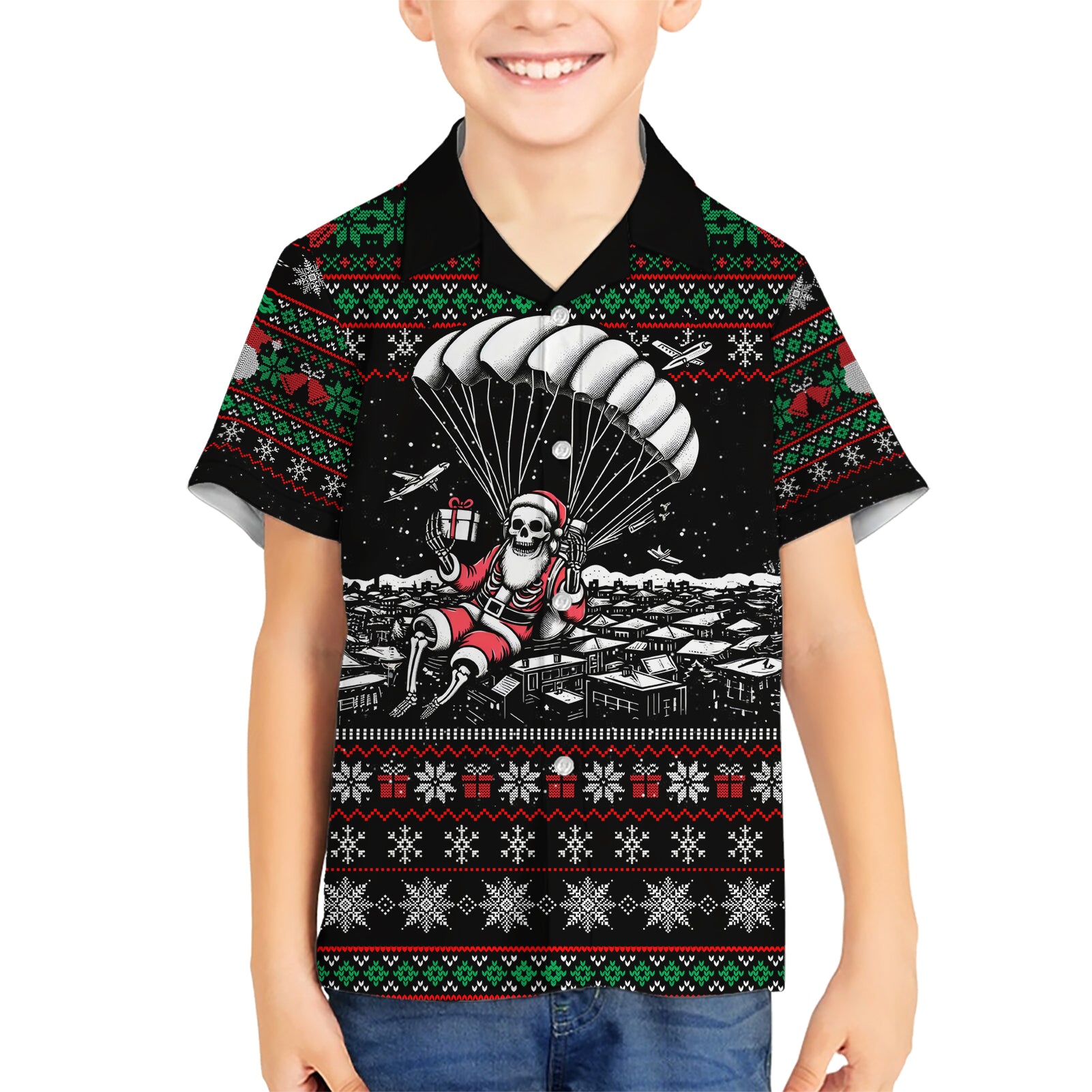 Christmas Skull Kid Hawaiian Shirt Santa Skull Jumps In Parachute - Wonder Print Shop