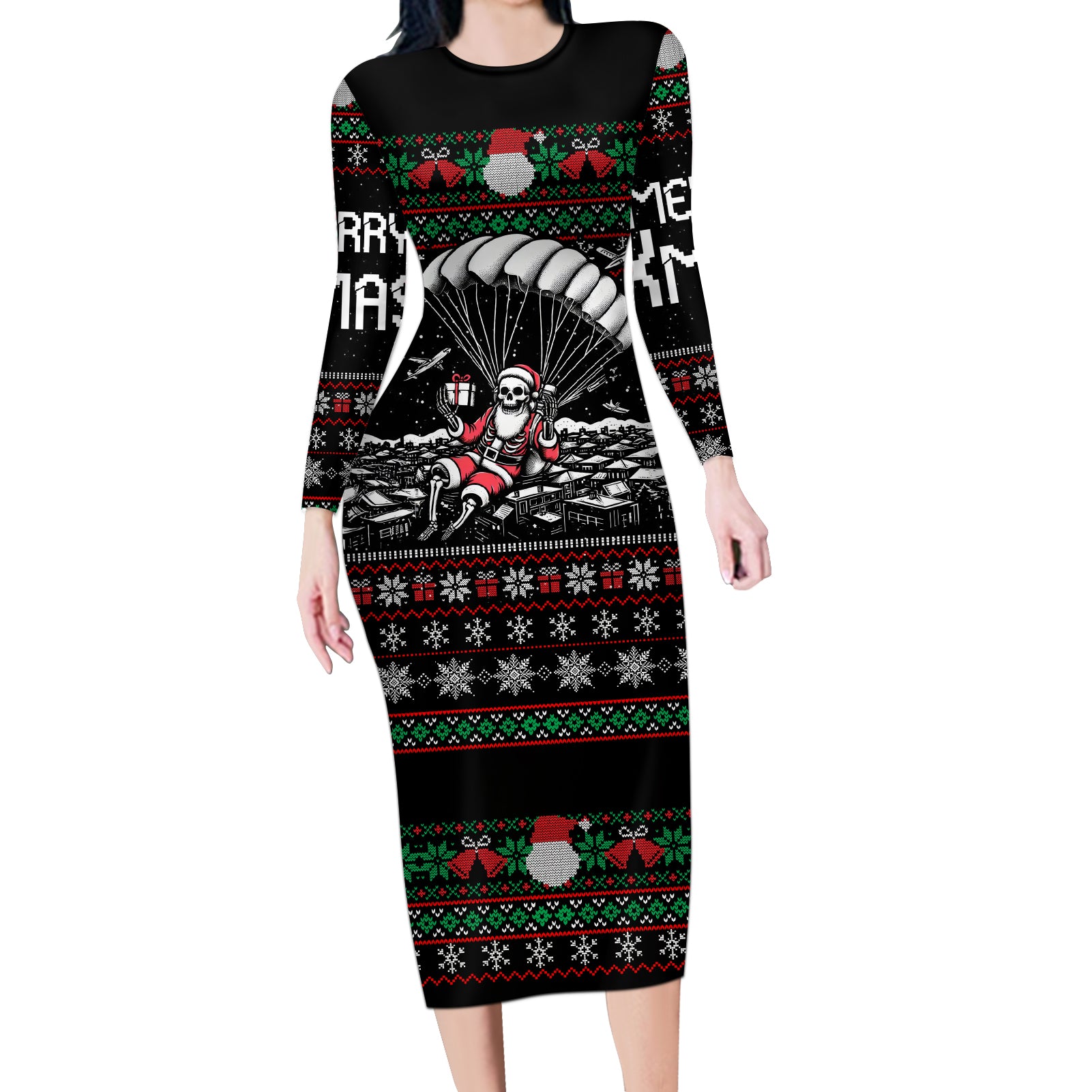 Christmas Skull Long Sleeve Bodycon Dress Santa Skull Jumps In Parachute - Wonder Print Shop