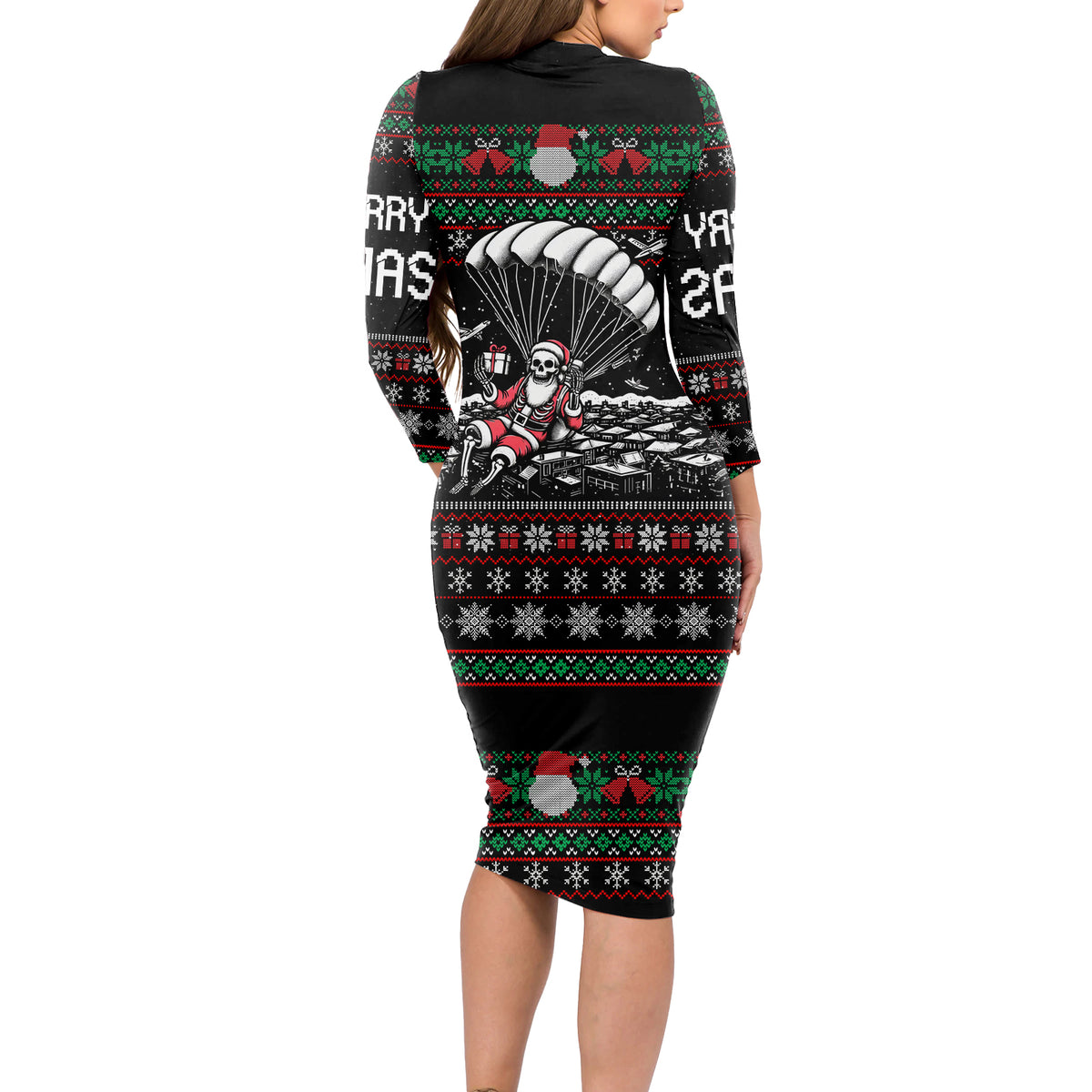 Christmas Skull Long Sleeve Bodycon Dress Santa Skull Jumps In Parachute - Wonder Print Shop
