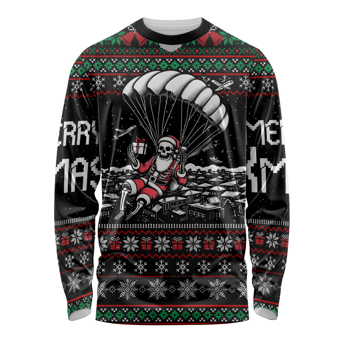 Christmas Skull Long Sleeve Shirt Santa Skull Jumps In Parachute - Wonder Print Shop