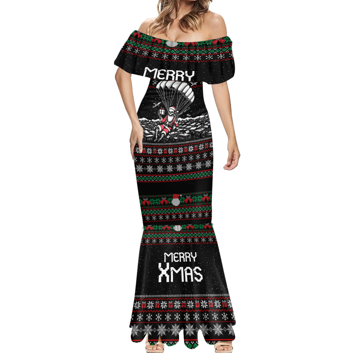 Christmas Skull Mermaid Dress Santa Skull Jumps In Parachute - Wonder Print Shop