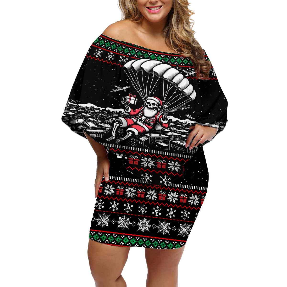 Christmas Skull Off Shoulder Short Dress Santa Skull Jumps In Parachute - Wonder Print Shop