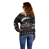 Christmas Skull Off Shoulder Sweater Santa Skull Jumps In Parachute - Wonder Print Shop