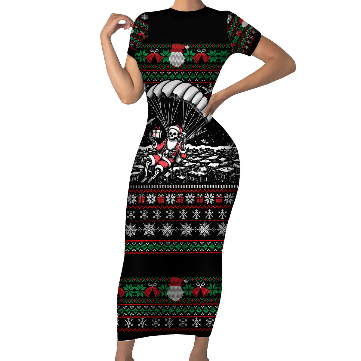 Christmas Skull Short Sleeve Bodycon Dress Santa Skull Jumps In Parachute - Wonder Print Shop