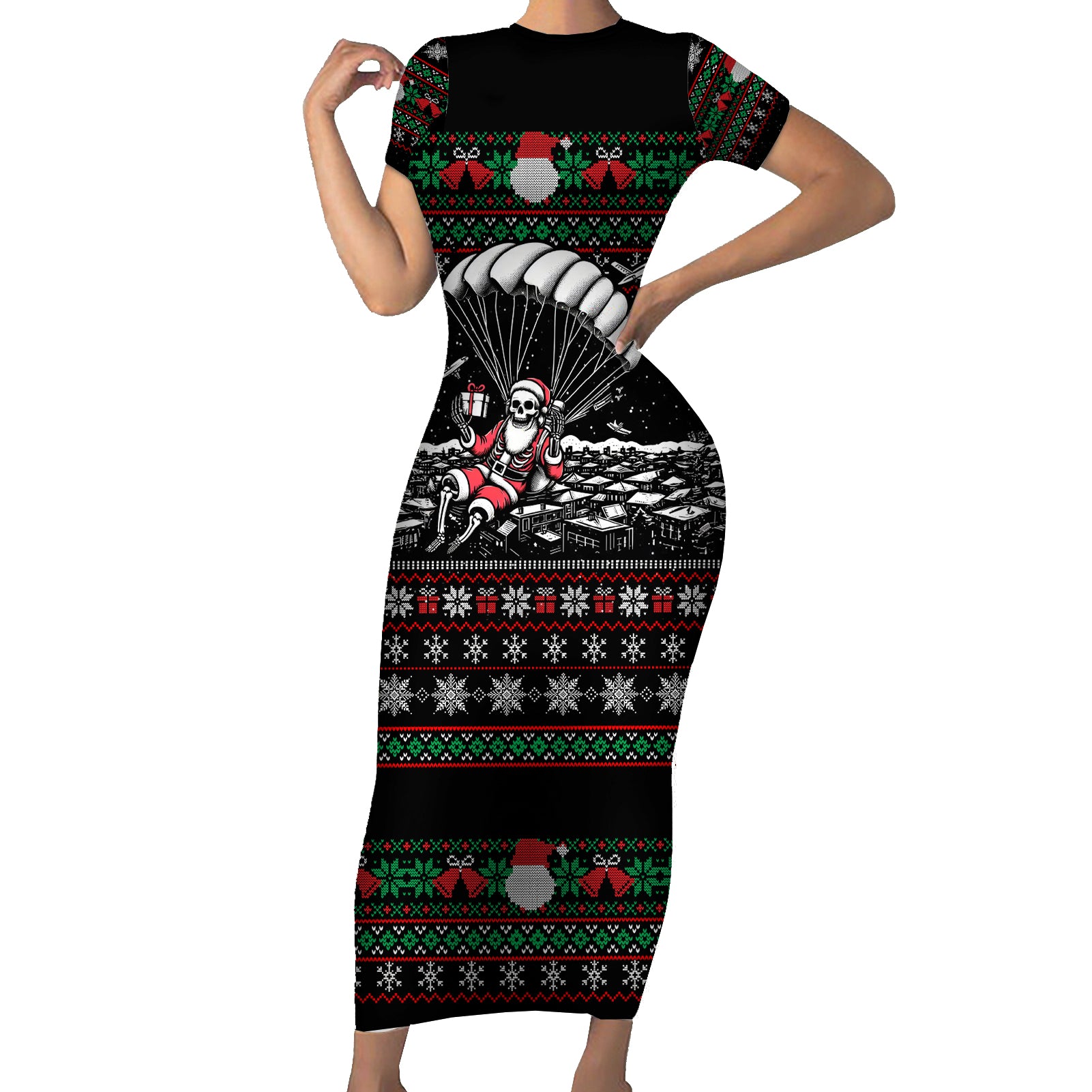 Christmas Skull Short Sleeve Bodycon Dress Santa Skull Jumps In Parachute - Wonder Print Shop