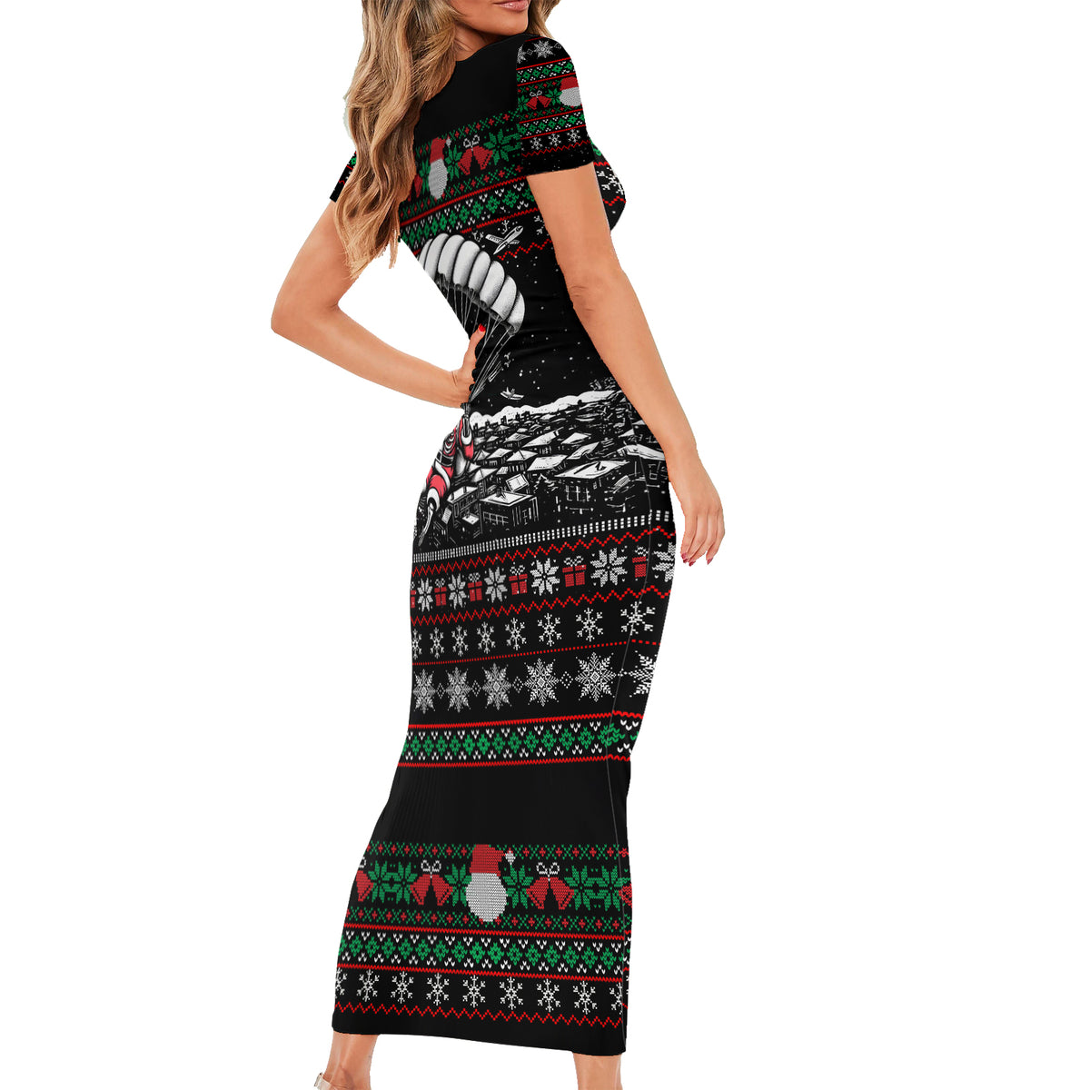 Christmas Skull Short Sleeve Bodycon Dress Santa Skull Jumps In Parachute - Wonder Print Shop
