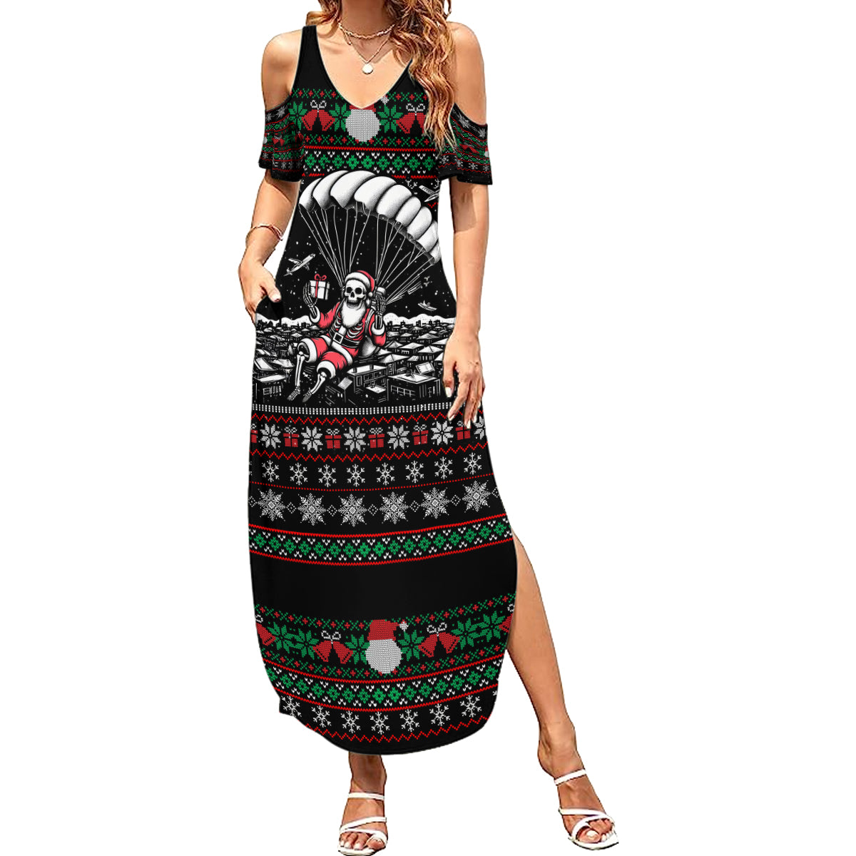 Christmas Skull Summer Maxi Dress Santa Skull Jumps In Parachute - Wonder Print Shop