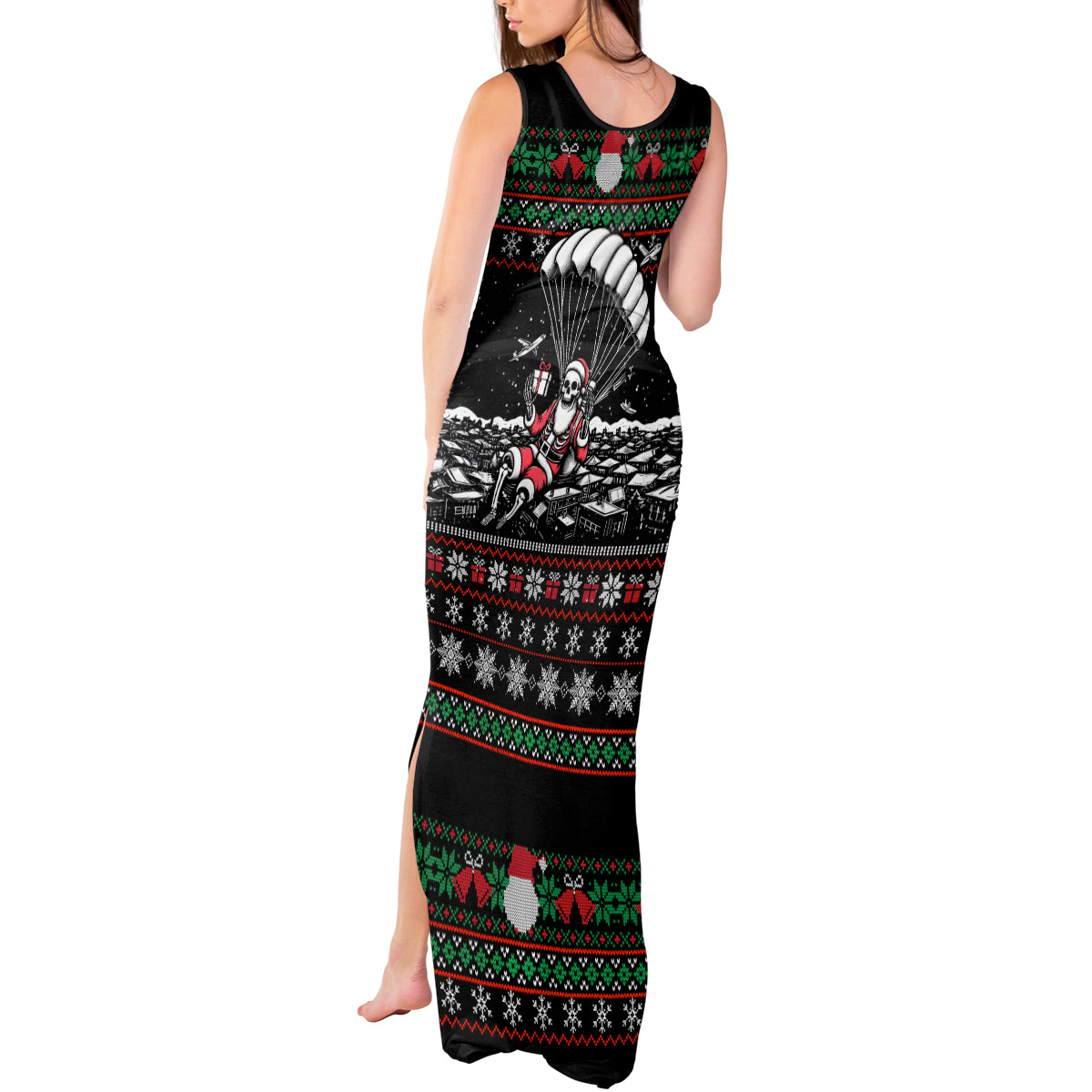 Christmas Skull Tank Maxi Dress Santa Skull Jumps In Parachute - Wonder Print Shop