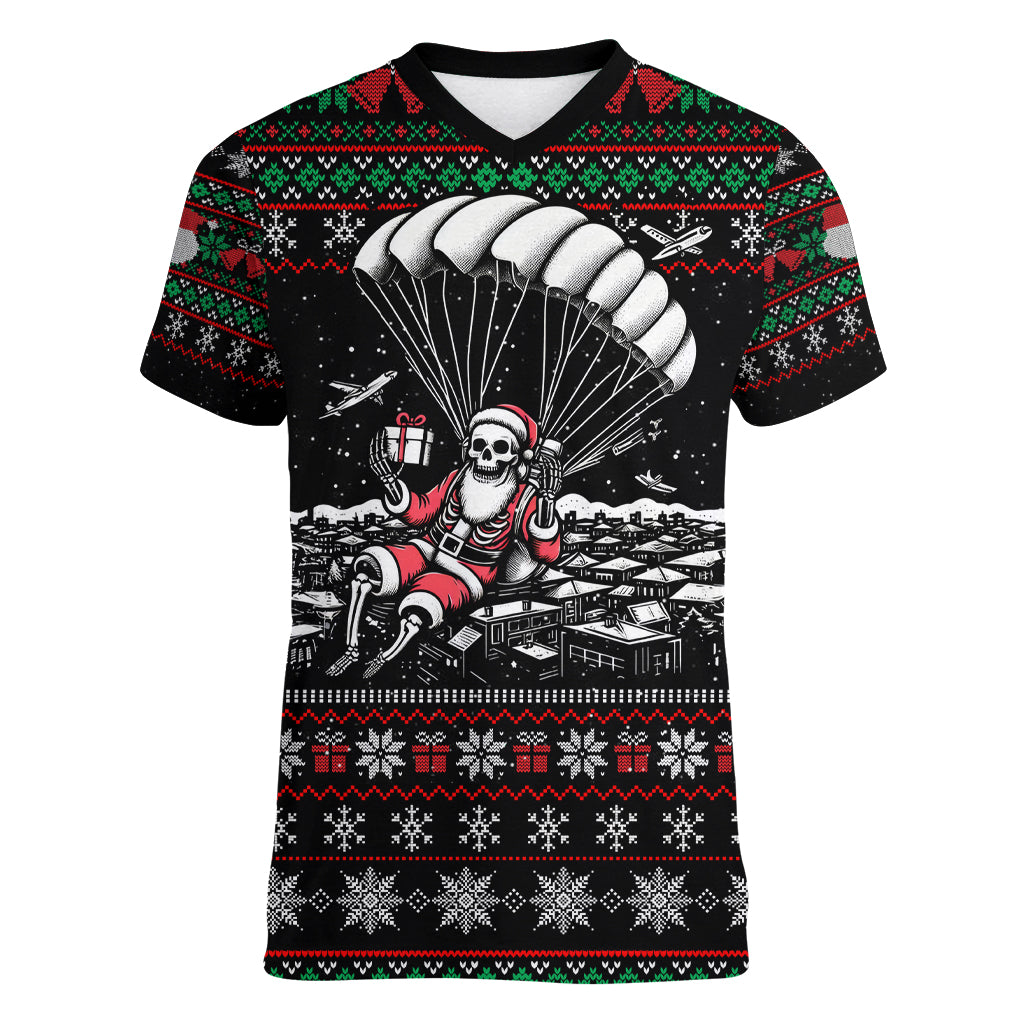 Christmas Skull Women V Neck T Shirt Santa Skull Jumps In Parachute - Wonder Print Shop