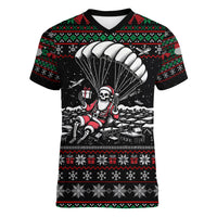 Christmas Skull Women V Neck T Shirt Santa Skull Jumps In Parachute - Wonder Print Shop