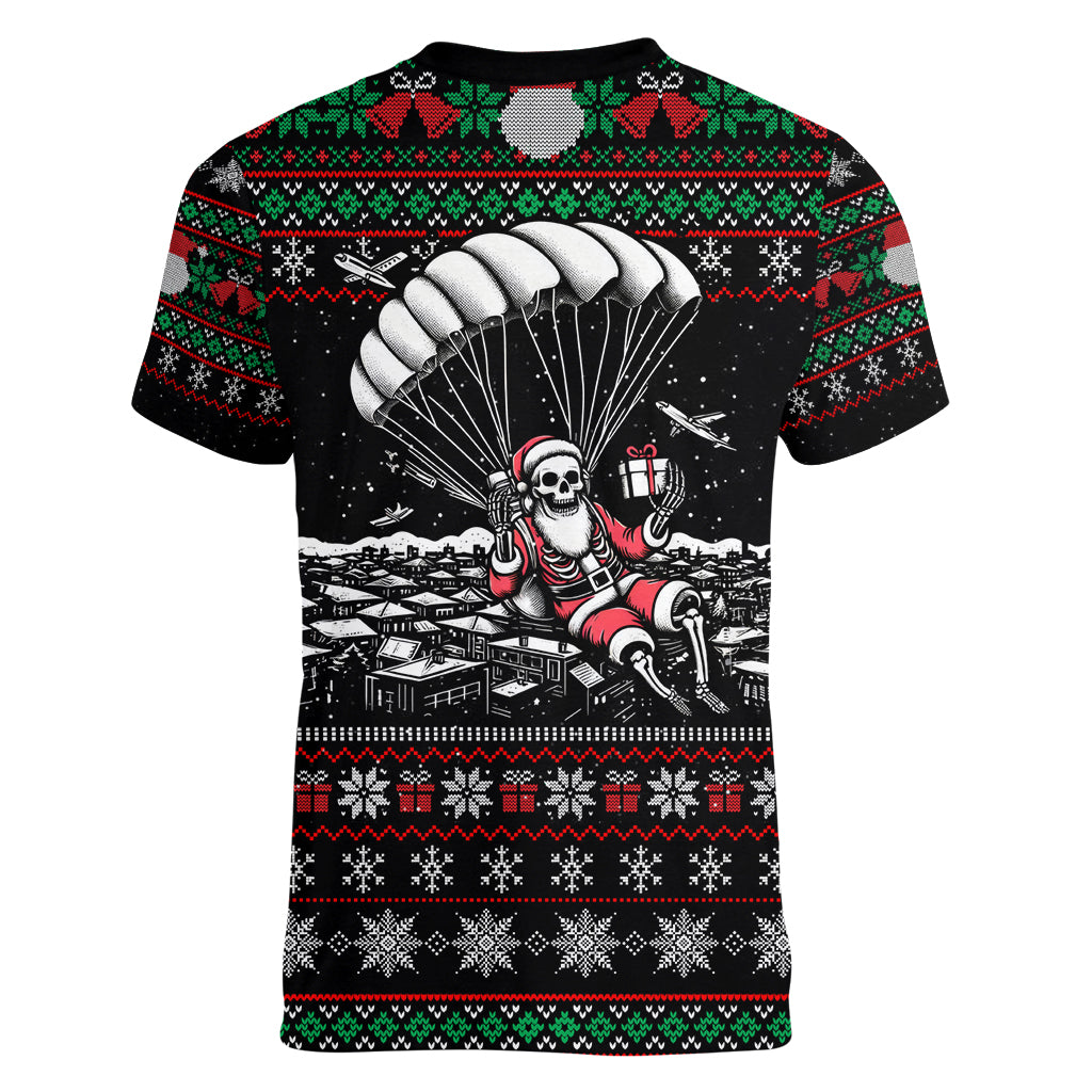 Christmas Skull Women V Neck T Shirt Santa Skull Jumps In Parachute - Wonder Print Shop