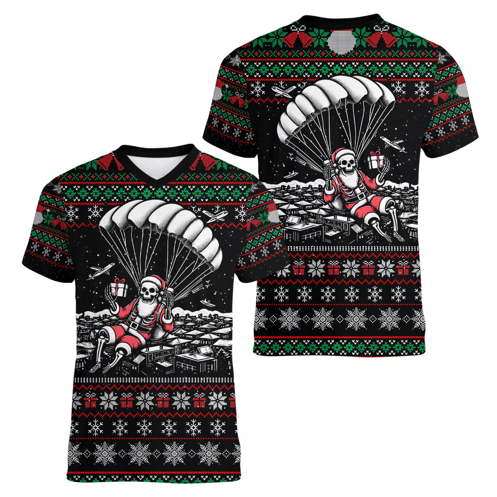 Christmas Skull Women V Neck T Shirt Santa Skull Jumps In Parachute - Wonder Print Shop
