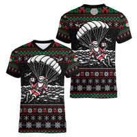Christmas Skull Women V Neck T Shirt Santa Skull Jumps In Parachute - Wonder Print Shop