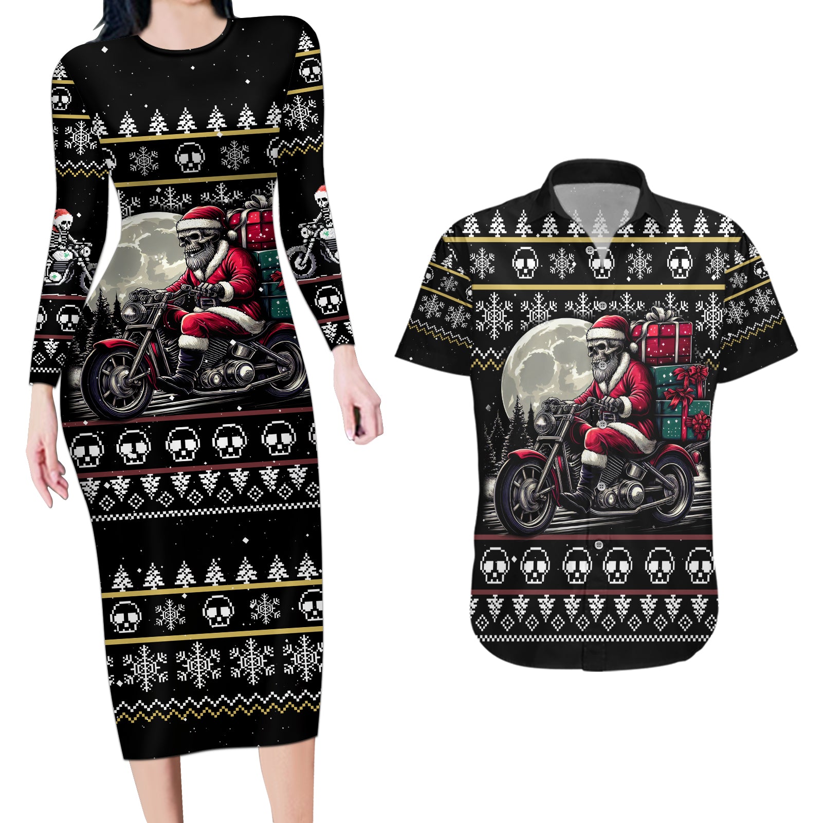 Christmas Skull Couples Matching Long Sleeve Bodycon Dress and Hawaiian Shirt Santa Skull Ride Motorbike - Wonder Print Shop