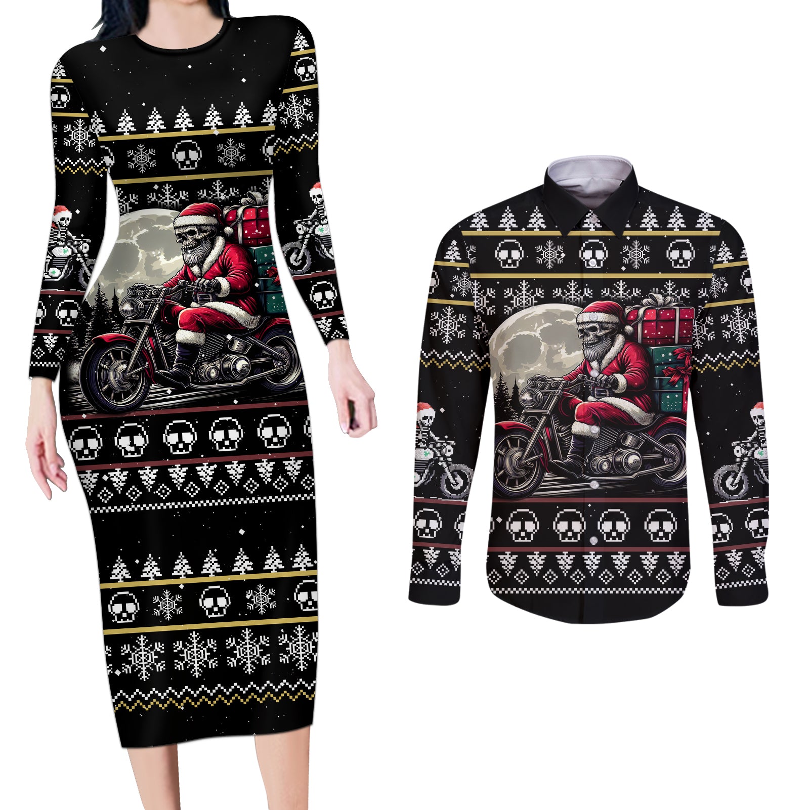 Christmas Skull Couples Matching Long Sleeve Bodycon Dress and Long Sleeve Button Shirt Santa Skull Ride Motorbike - Wonder Print Shop