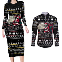 Christmas Skull Couples Matching Long Sleeve Bodycon Dress and Long Sleeve Button Shirt Santa Skull Ride Motorbike - Wonder Print Shop