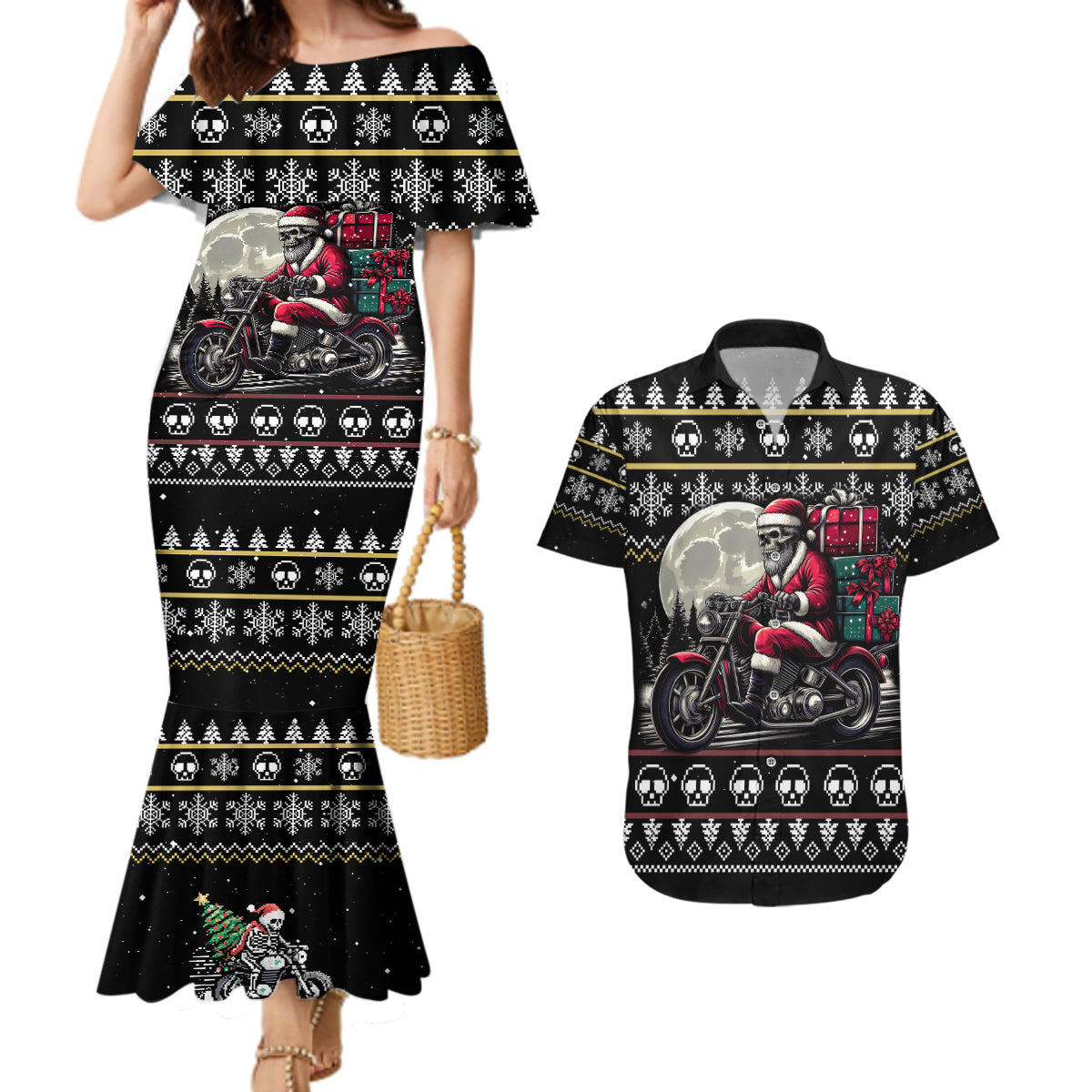 Christmas Skull Couples Matching Mermaid Dress and Hawaiian Shirt Santa Skull Ride Motorbike - Wonder Print Shop