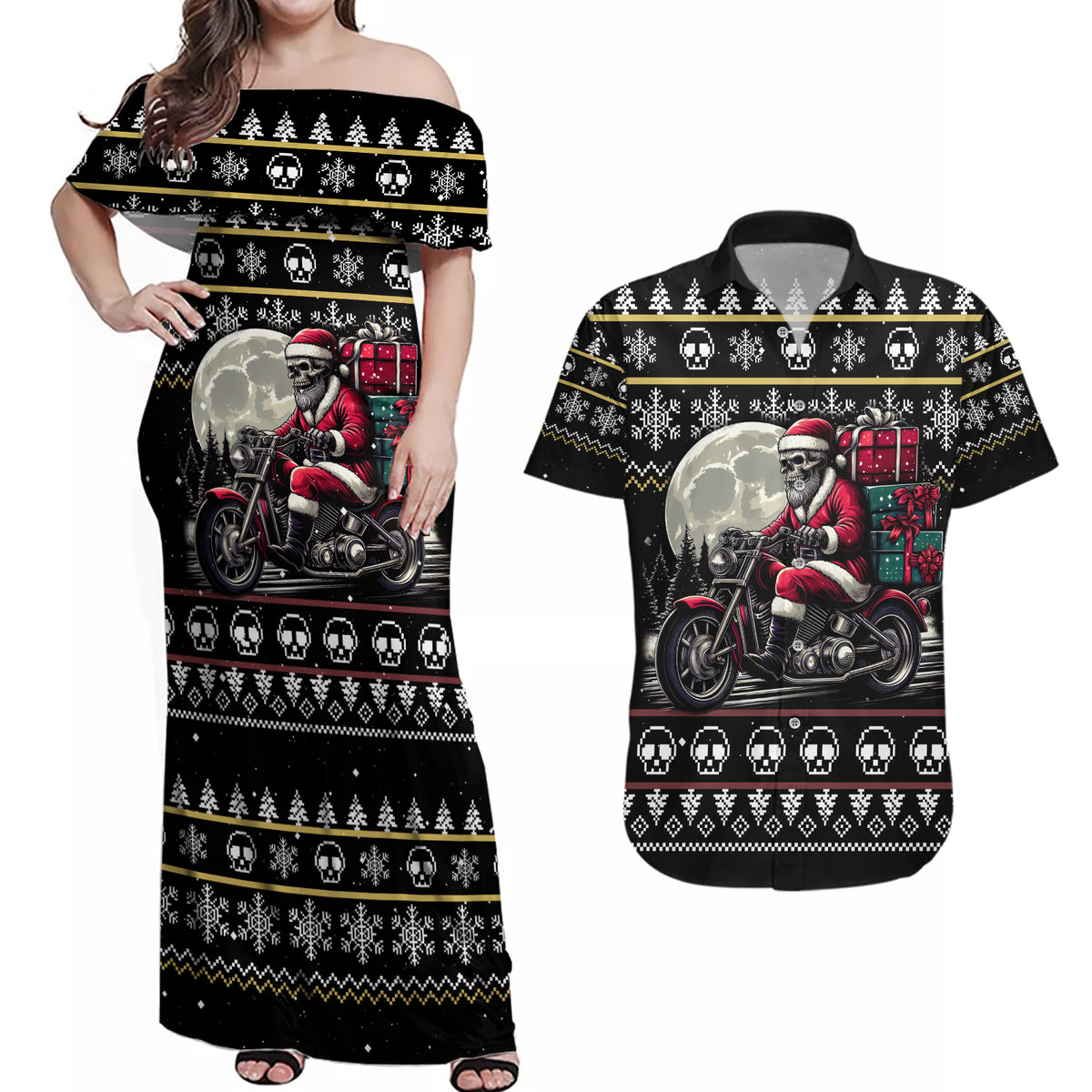 Christmas Skull Couples Matching Off Shoulder Maxi Dress and Hawaiian Shirt Santa Skull Ride Motorbike - Wonder Print Shop