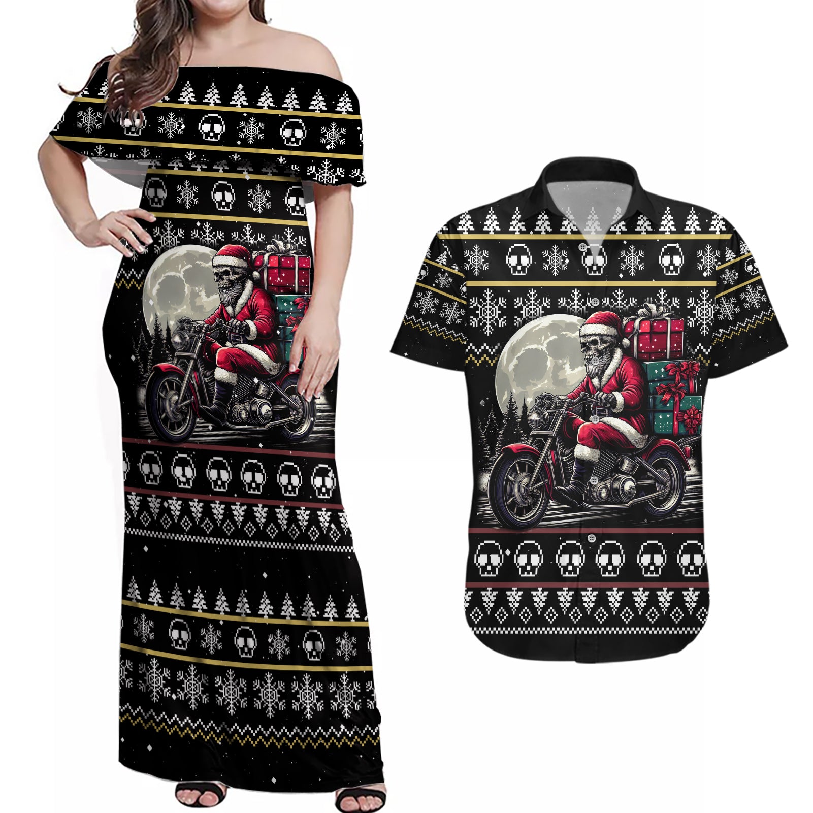 Christmas Skull Couples Matching Off Shoulder Maxi Dress and Hawaiian Shirt Santa Skull Ride Motorbike - Wonder Print Shop