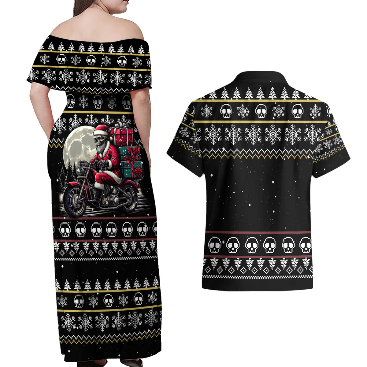 Christmas Skull Couples Matching Off Shoulder Maxi Dress and Hawaiian Shirt Santa Skull Ride Motorbike - Wonder Print Shop