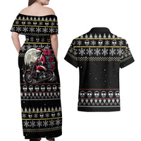 Christmas Skull Couples Matching Off Shoulder Maxi Dress and Hawaiian Shirt Santa Skull Ride Motorbike - Wonder Print Shop