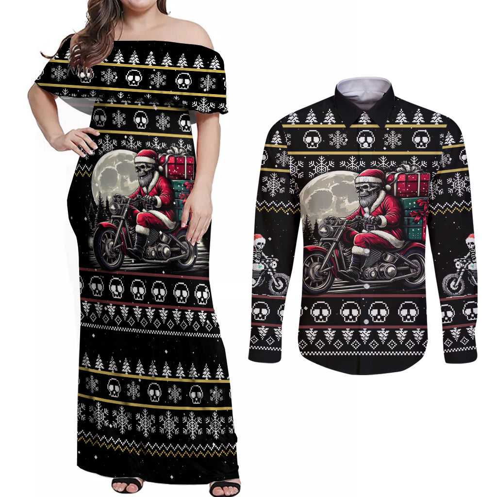 Christmas Skull Couples Matching Off Shoulder Maxi Dress and Long Sleeve Button Shirt Santa Skull Ride Motorbike - Wonder Print Shop