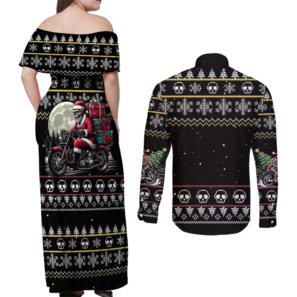 Christmas Skull Couples Matching Off Shoulder Maxi Dress and Long Sleeve Button Shirt Santa Skull Ride Motorbike - Wonder Print Shop
