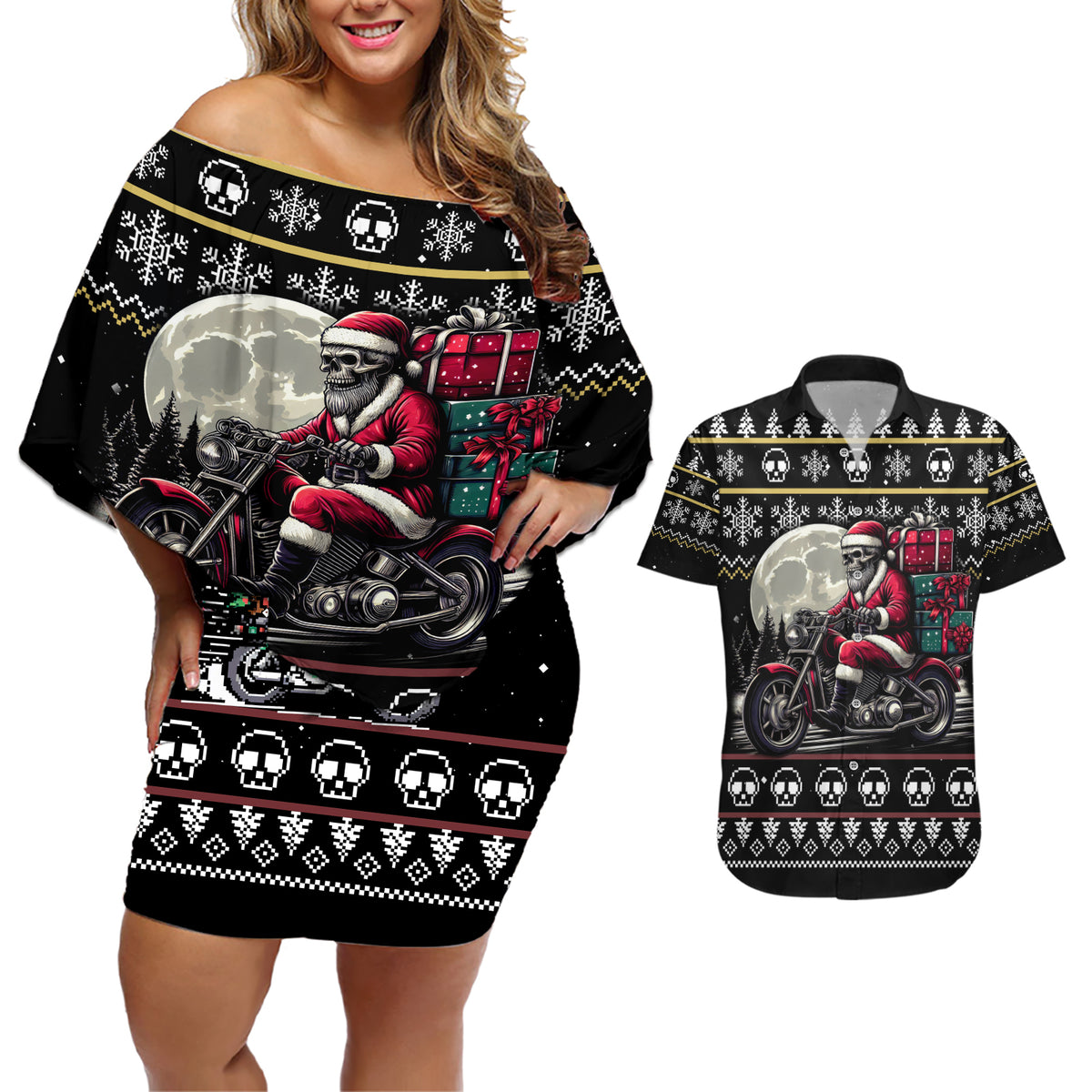 Christmas Skull Couples Matching Off Shoulder Short Dress and Hawaiian Shirt Santa Skull Ride Motorbike - Wonder Print Shop