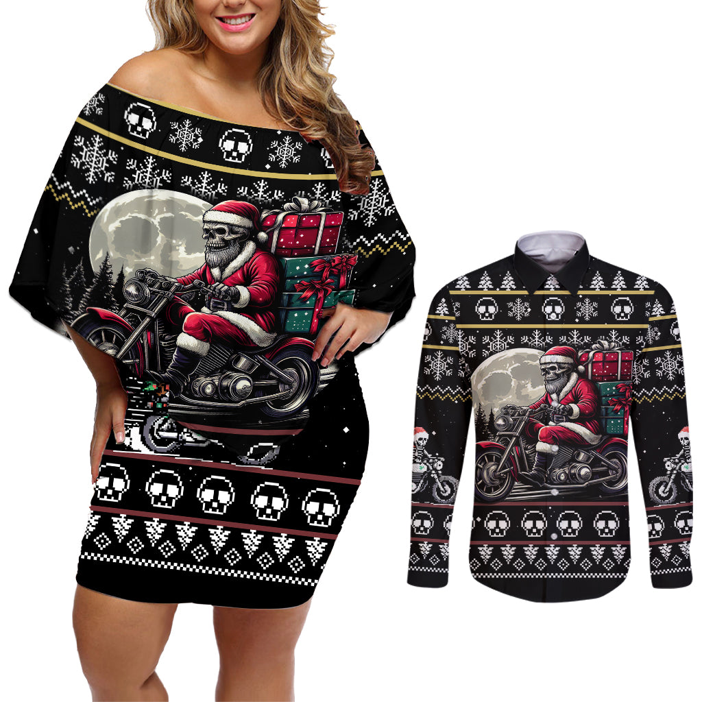 Christmas Skull Couples Matching Off Shoulder Short Dress and Long Sleeve Button Shirt Santa Skull Ride Motorbike - Wonder Print Shop
