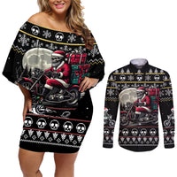 Christmas Skull Couples Matching Off Shoulder Short Dress and Long Sleeve Button Shirt Santa Skull Ride Motorbike - Wonder Print Shop