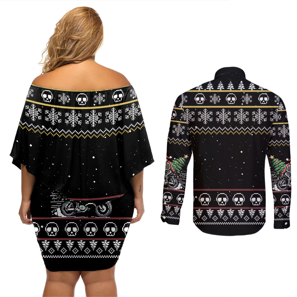 Christmas Skull Couples Matching Off Shoulder Short Dress and Long Sleeve Button Shirt Santa Skull Ride Motorbike - Wonder Print Shop