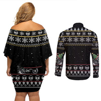 Christmas Skull Couples Matching Off Shoulder Short Dress and Long Sleeve Button Shirt Santa Skull Ride Motorbike - Wonder Print Shop