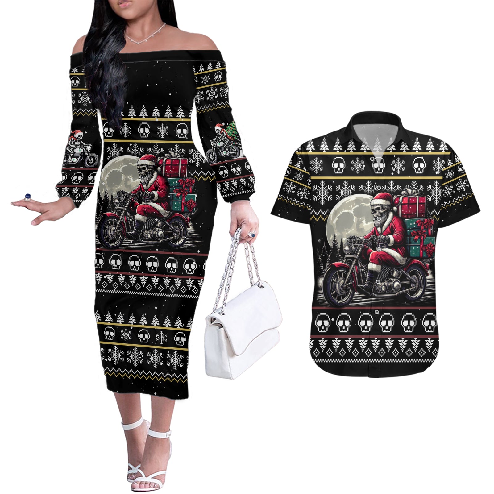Christmas Skull Couples Matching Off The Shoulder Long Sleeve Dress and Hawaiian Shirt Santa Skull Ride Motorbike - Wonder Print Shop