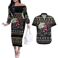 Christmas Skull Couples Matching Off The Shoulder Long Sleeve Dress and Hawaiian Shirt Santa Skull Ride Motorbike - Wonder Print Shop