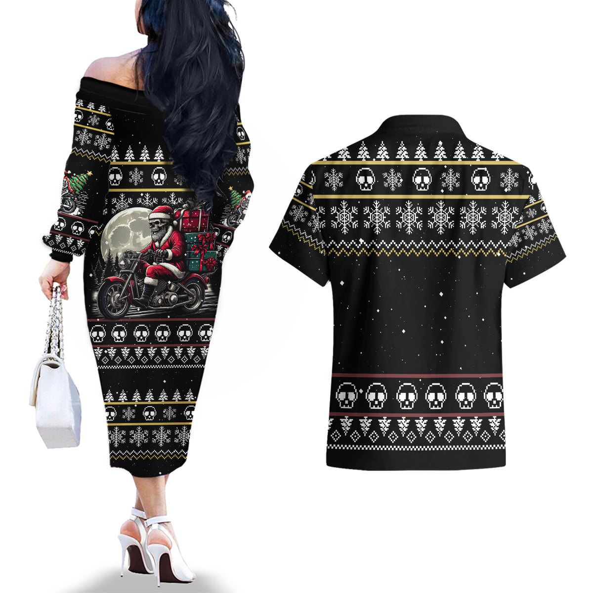 Christmas Skull Couples Matching Off The Shoulder Long Sleeve Dress and Hawaiian Shirt Santa Skull Ride Motorbike - Wonder Print Shop