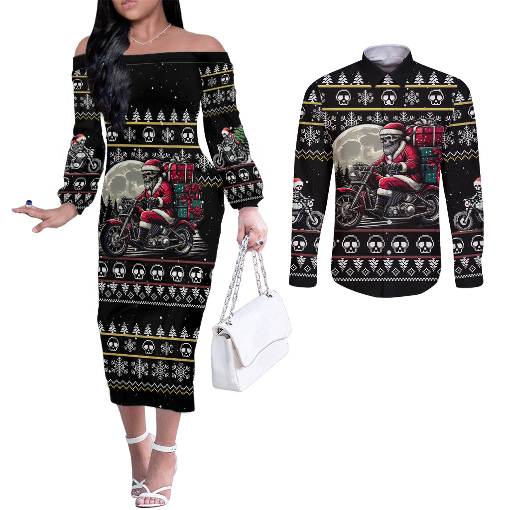 christmas-skull-couples-matching-off-the-shoulder-long-sleeve-dress-and-long-sleeve-button-shirt-santa-skull-ride-motorbike