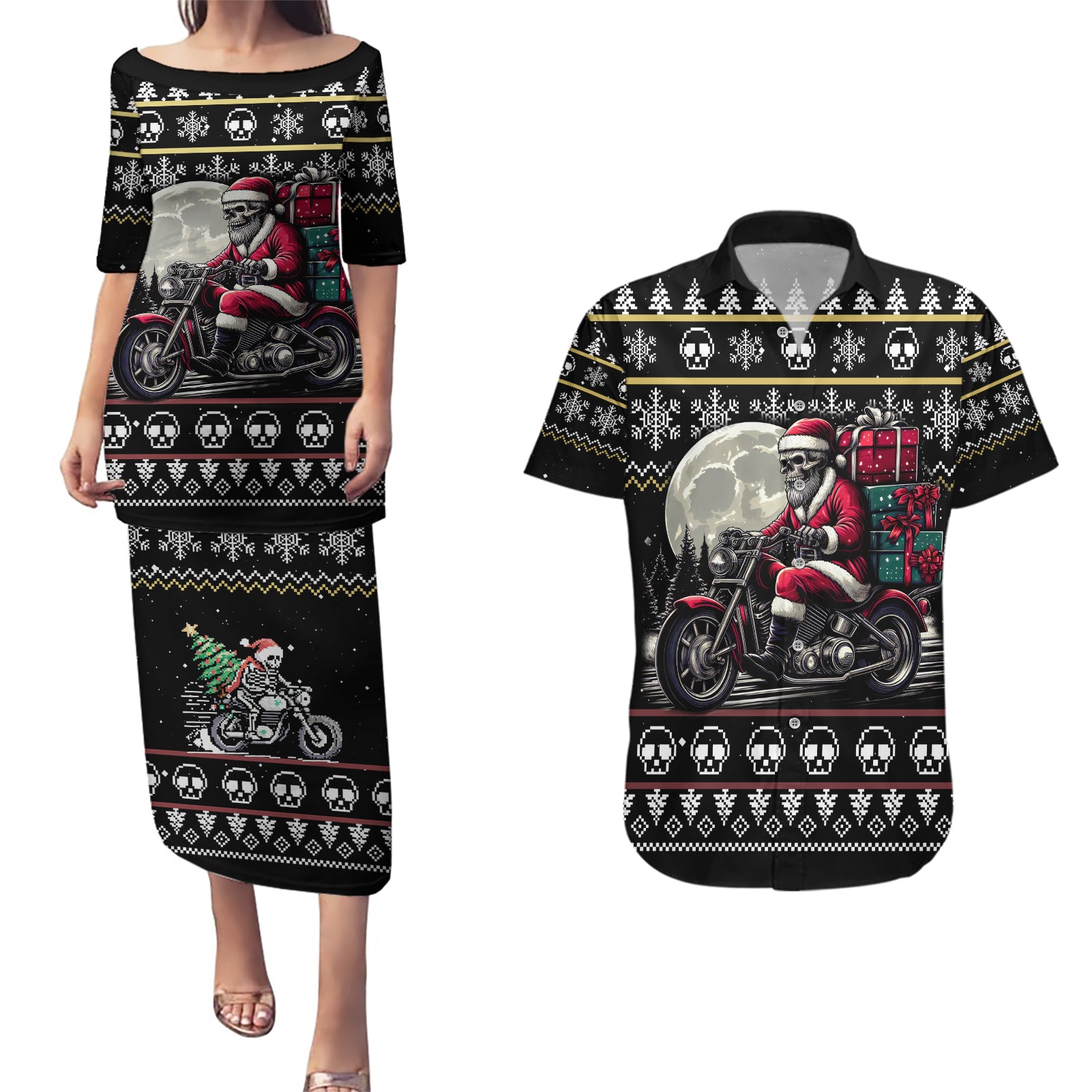 Christmas Skull Couples Matching Puletasi Dress and Hawaiian Shirt Santa Skull Ride Motorbike - Wonder Print Shop