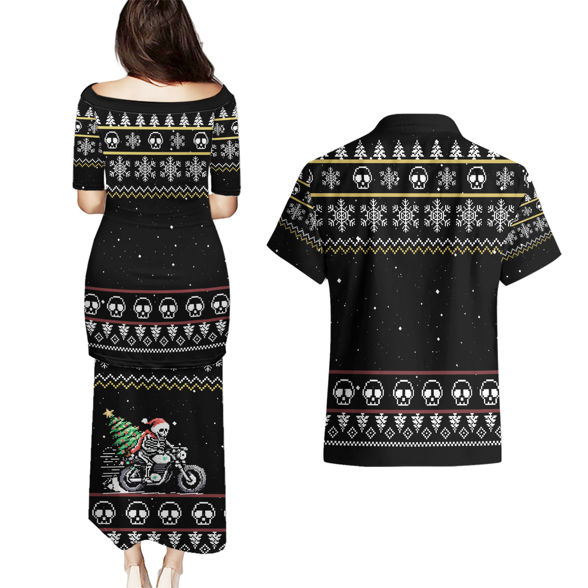Christmas Skull Couples Matching Puletasi Dress and Hawaiian Shirt Santa Skull Ride Motorbike - Wonder Print Shop