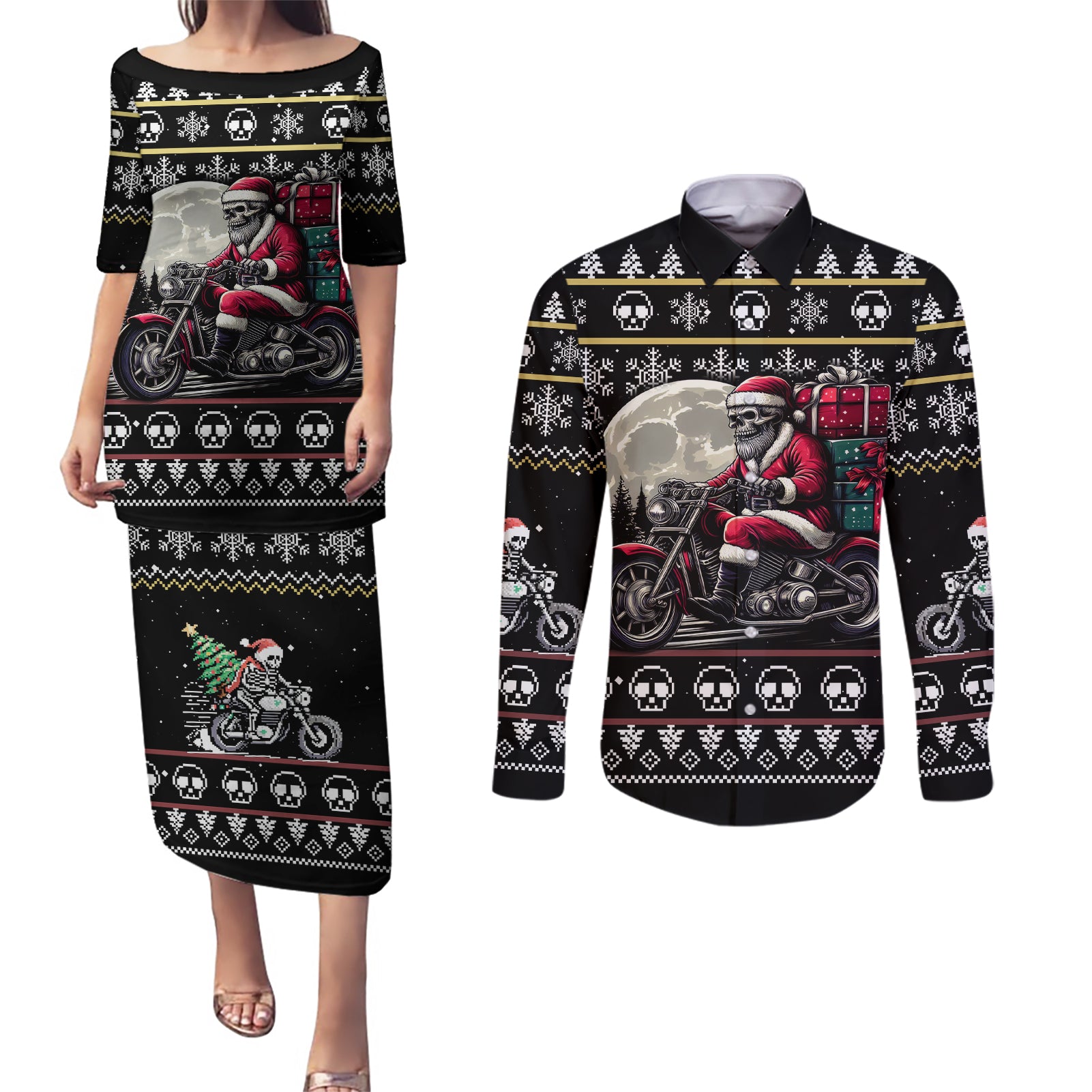 Christmas Skull Couples Matching Puletasi Dress and Long Sleeve Button Shirt Santa Skull Ride Motorbike - Wonder Print Shop