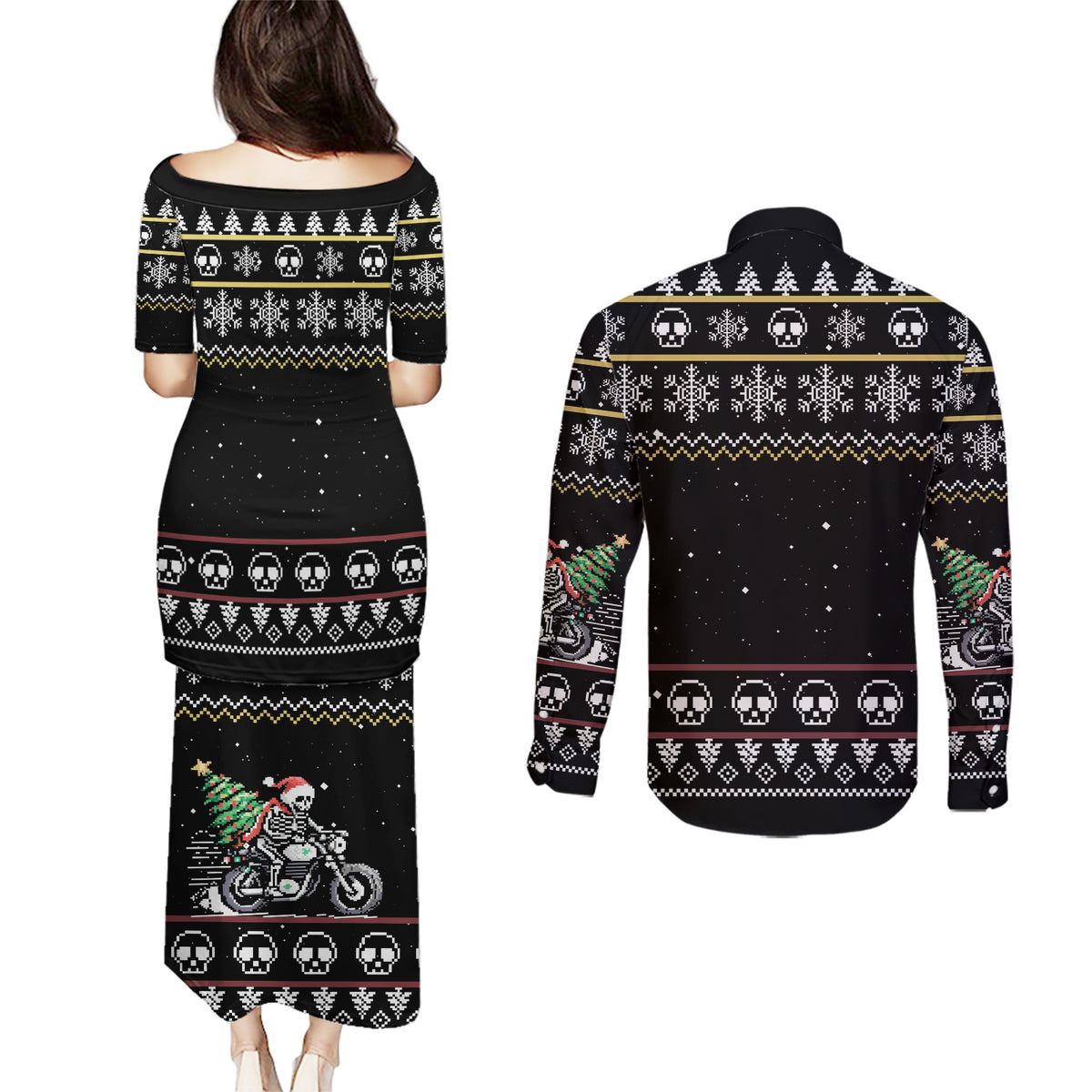 Christmas Skull Couples Matching Puletasi Dress and Long Sleeve Button Shirt Santa Skull Ride Motorbike - Wonder Print Shop