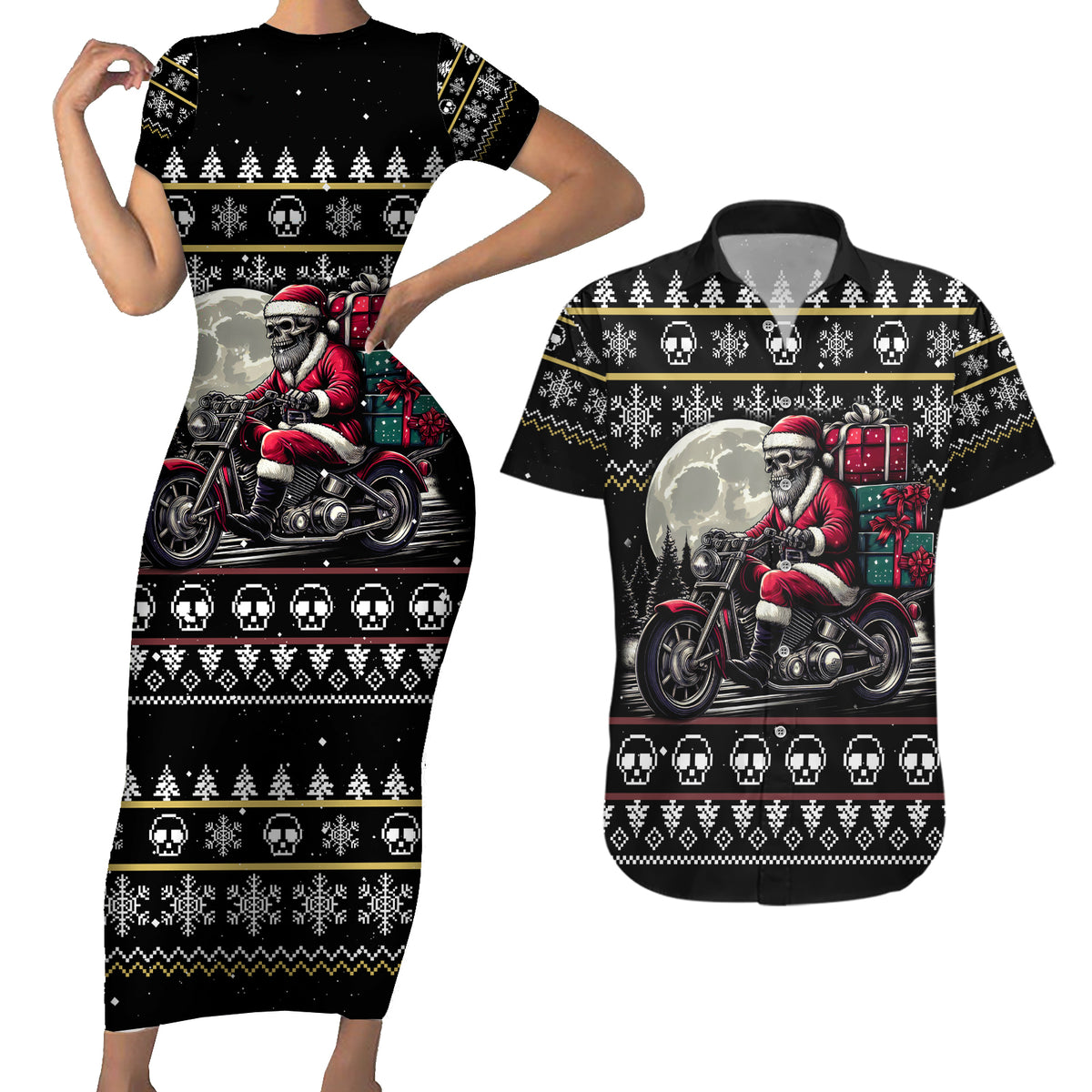 Christmas Skull Couples Matching Short Sleeve Bodycon Dress and Hawaiian Shirt Santa Skull Ride Motorbike - Wonder Print Shop