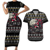 Christmas Skull Couples Matching Short Sleeve Bodycon Dress and Hawaiian Shirt Santa Skull Ride Motorbike - Wonder Print Shop