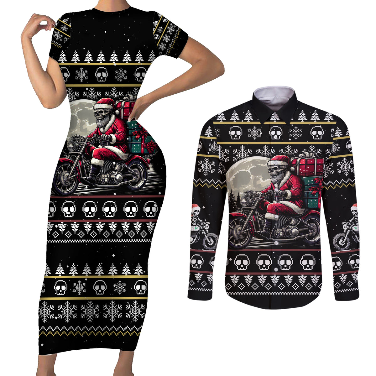 Christmas Skull Couples Matching Short Sleeve Bodycon Dress and Long Sleeve Button Shirt Santa Skull Ride Motorbike - Wonder Print Shop