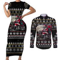 Christmas Skull Couples Matching Short Sleeve Bodycon Dress and Long Sleeve Button Shirt Santa Skull Ride Motorbike - Wonder Print Shop