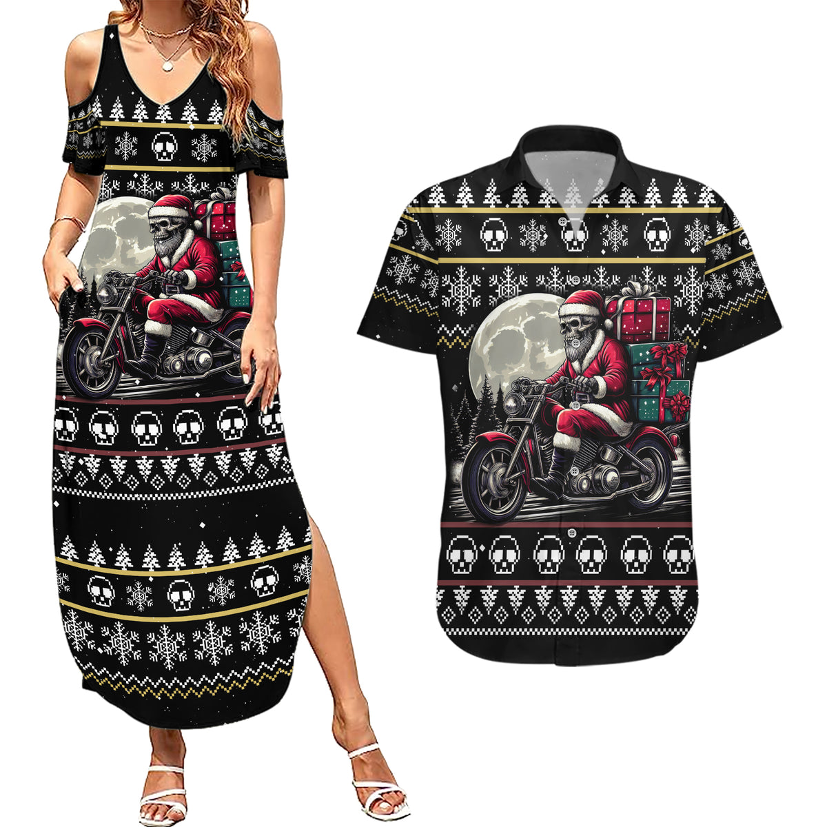 Christmas Skull Couples Matching Summer Maxi Dress and Hawaiian Shirt Santa Skull Ride Motorbike - Wonder Print Shop