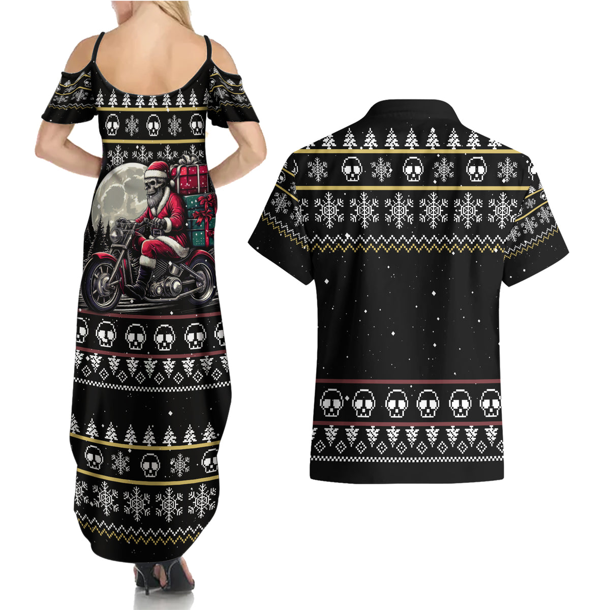 Christmas Skull Couples Matching Summer Maxi Dress and Hawaiian Shirt Santa Skull Ride Motorbike - Wonder Print Shop