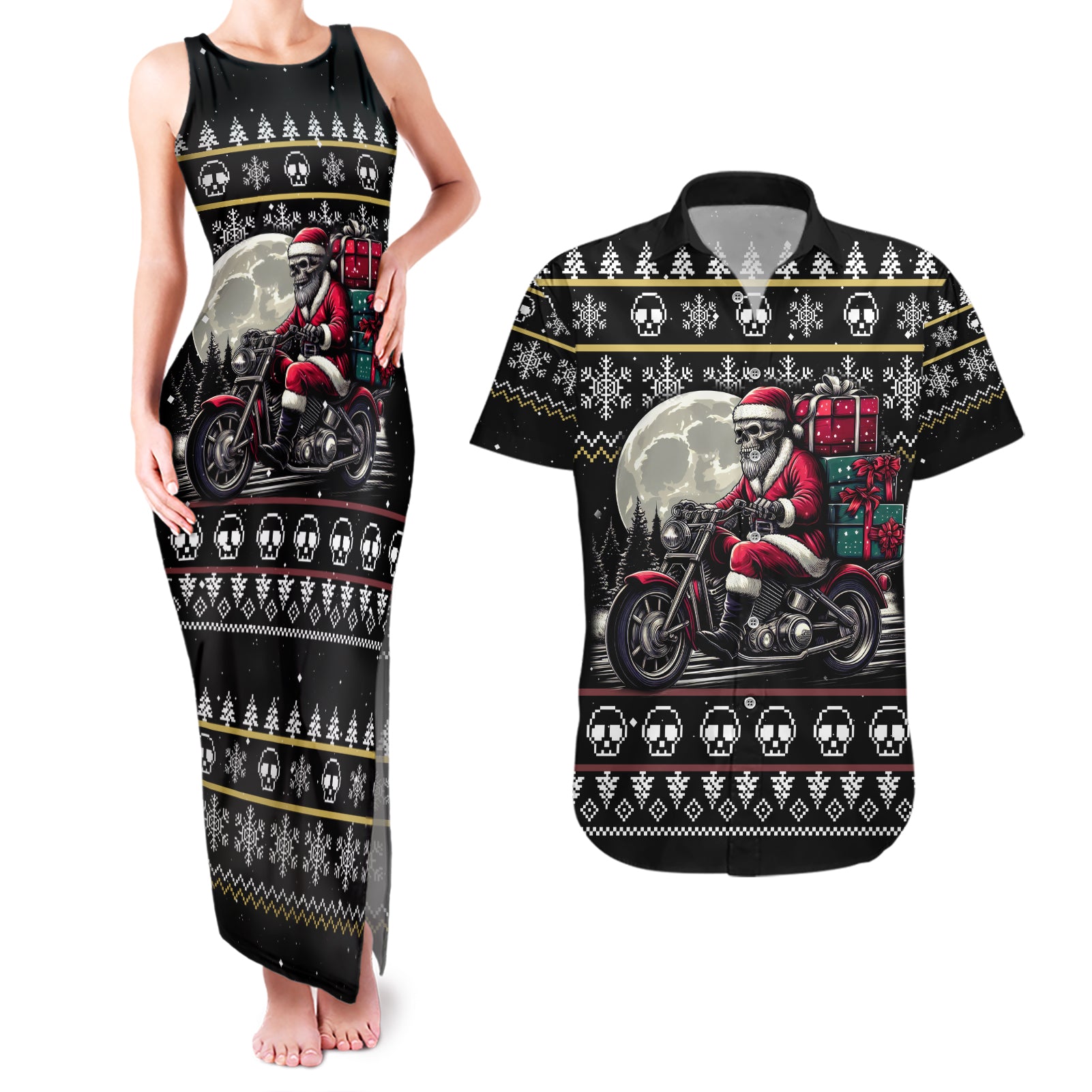 Christmas Skull Couples Matching Tank Maxi Dress and Hawaiian Shirt Santa Skull Ride Motorbike - Wonder Print Shop