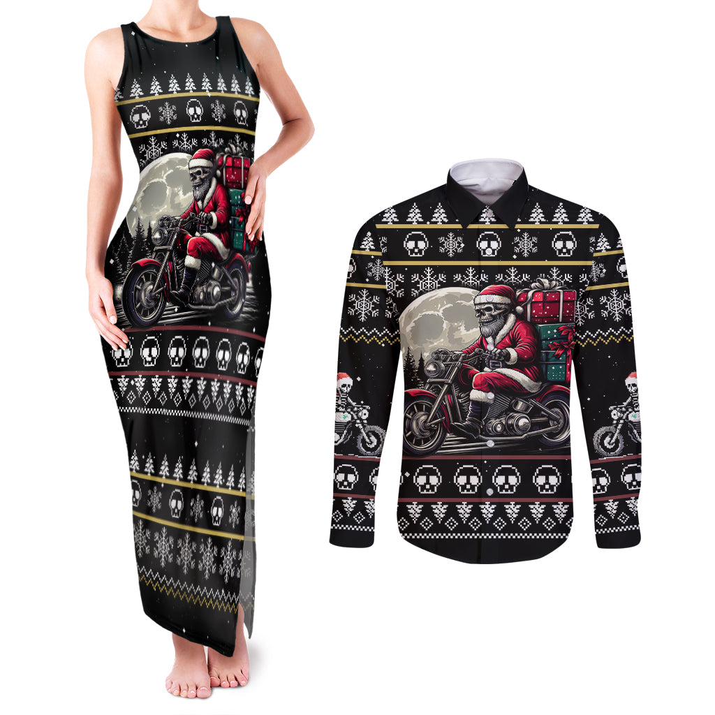 Christmas Skull Couples Matching Tank Maxi Dress and Long Sleeve Button Shirt Santa Skull Ride Motorbike - Wonder Print Shop